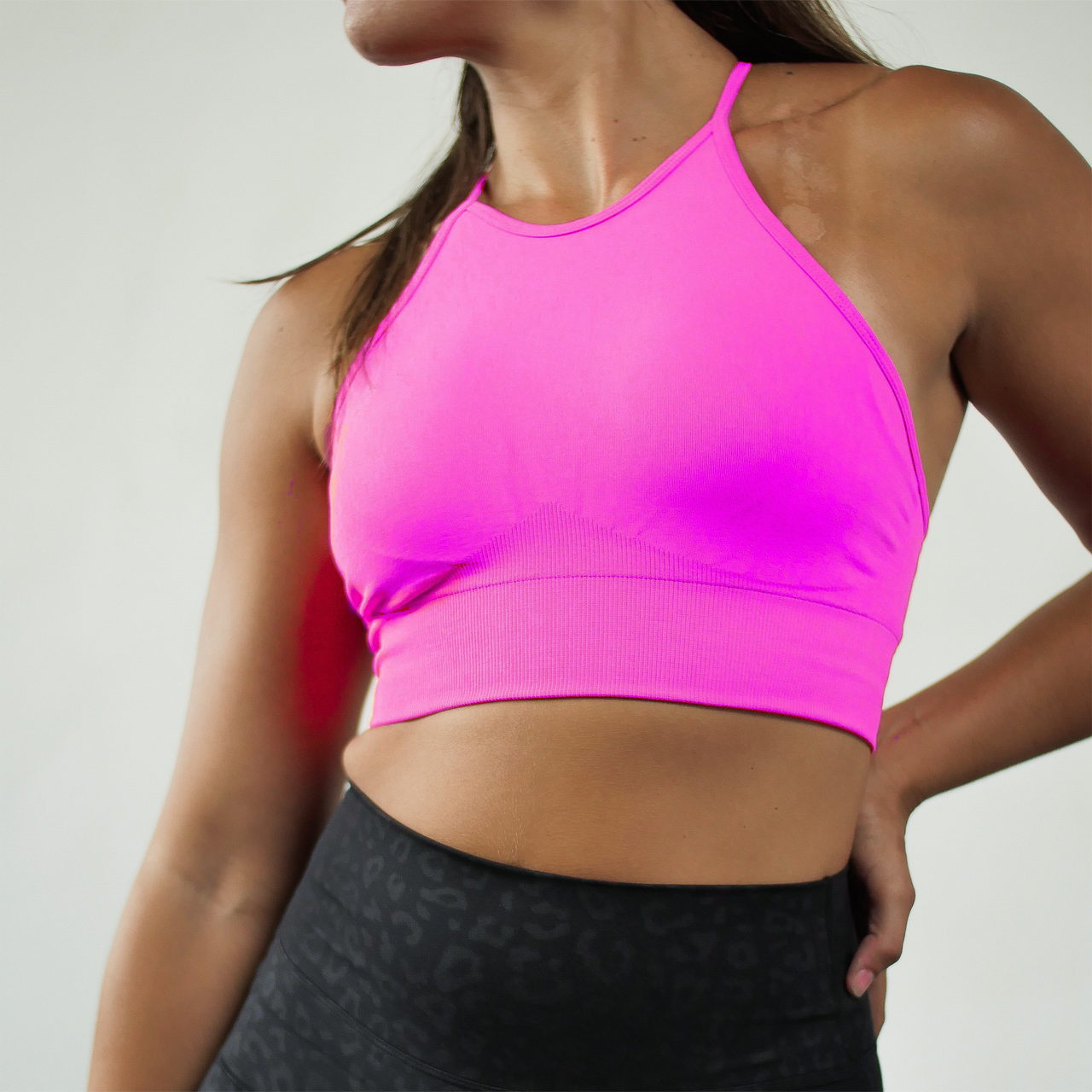 Mighty Halter Pink Ribbed Sports Bra